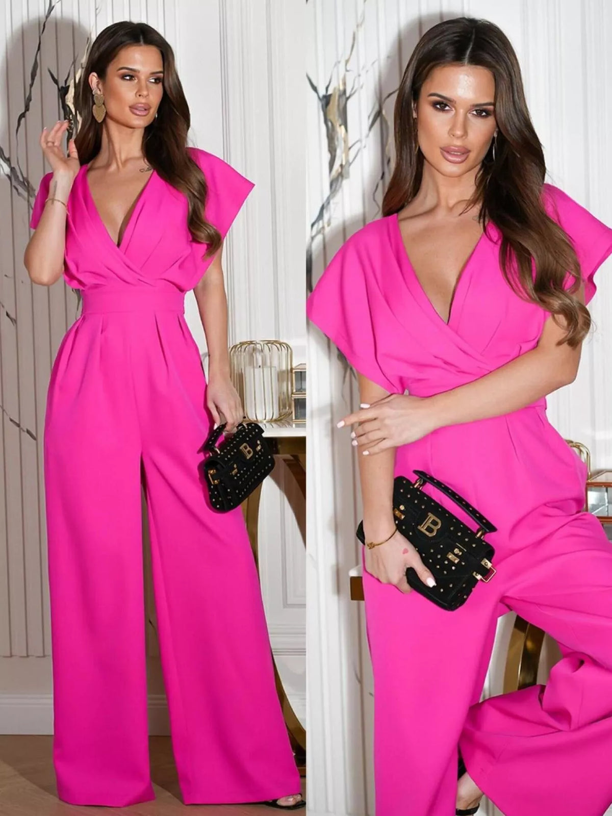 Plush Fashion Hub plush surplice wide-leg jumpsuit with long sleeves, featuring a relaxed fit and stylish design.