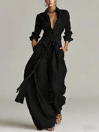 Solid color collar top high waisted pants two-piece set