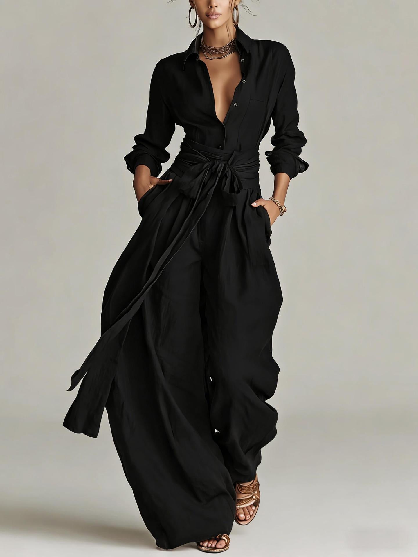 Solid color collar top high waisted pants two-piece set