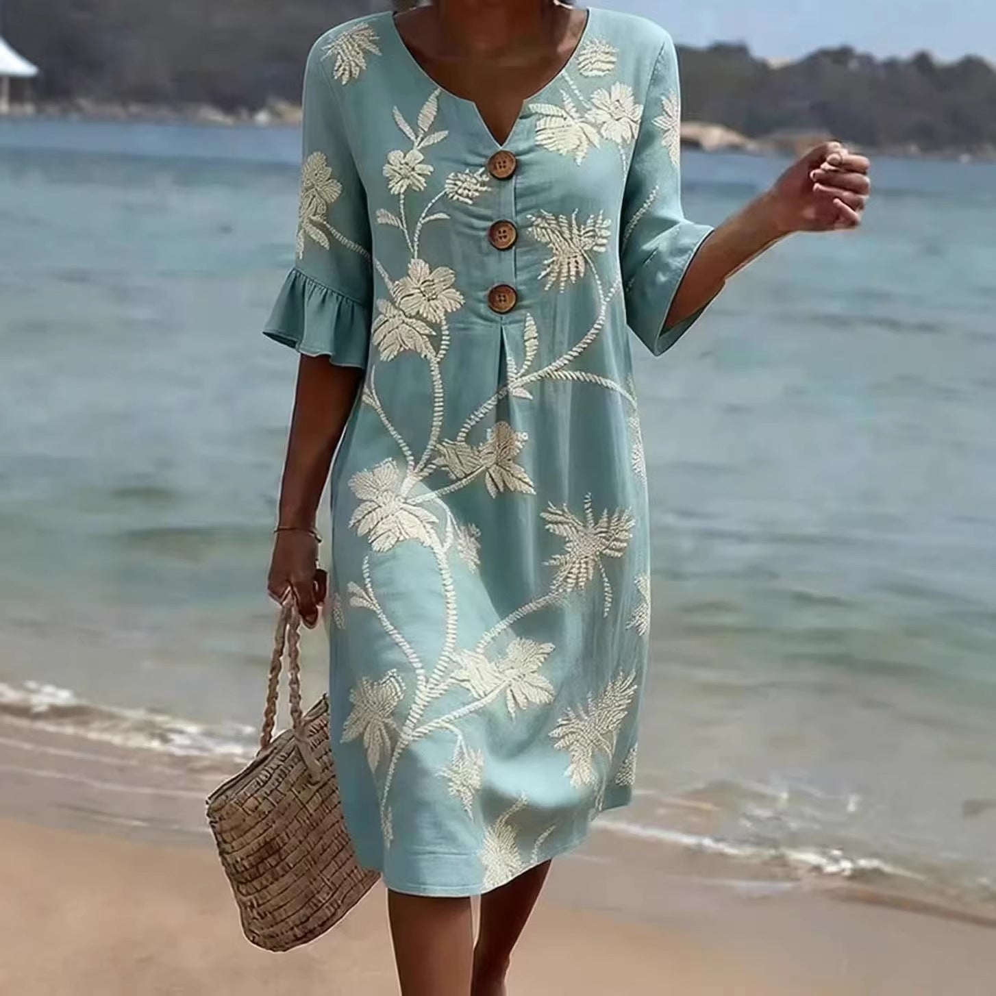 Women's casual FitiqueFit resort V-neck dress with coconut print, loose fit, three-quarter sleeves, perfect for warm weather.