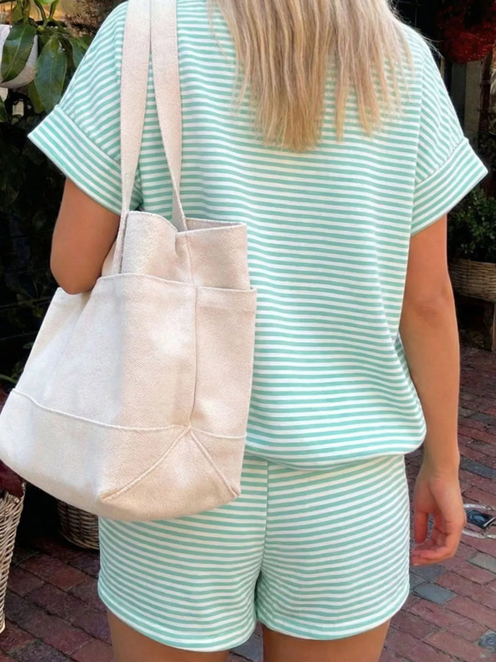 Plus size striped round neck tee and shorts set by Shopimist, casual summer clothing for comfortable everyday wear.