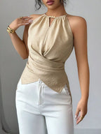Plush Fashion Hub halter neck crisscross cami tank top with sleeveless design and stylish front detail on a white background.