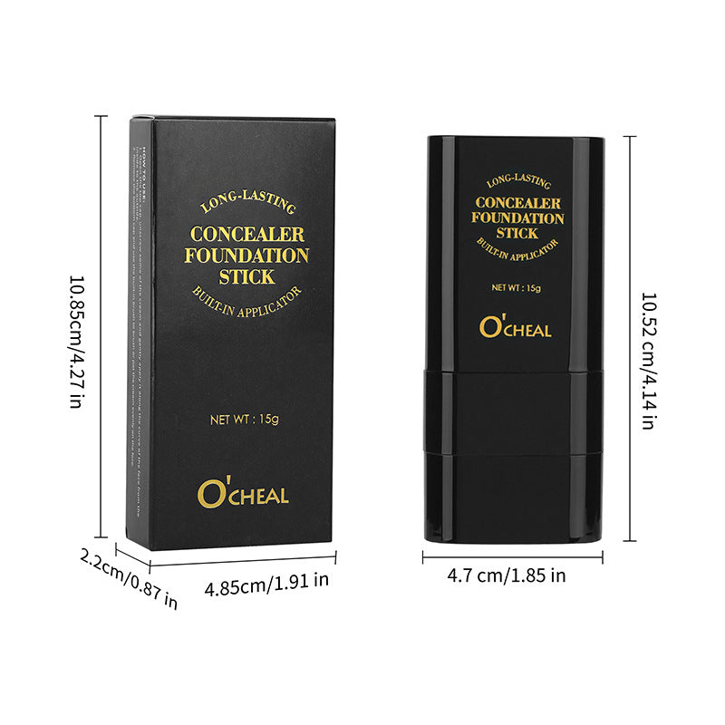 Black O'Cheal concealer foundation stick with gold text and its packaging box, displaying dimension measurements.