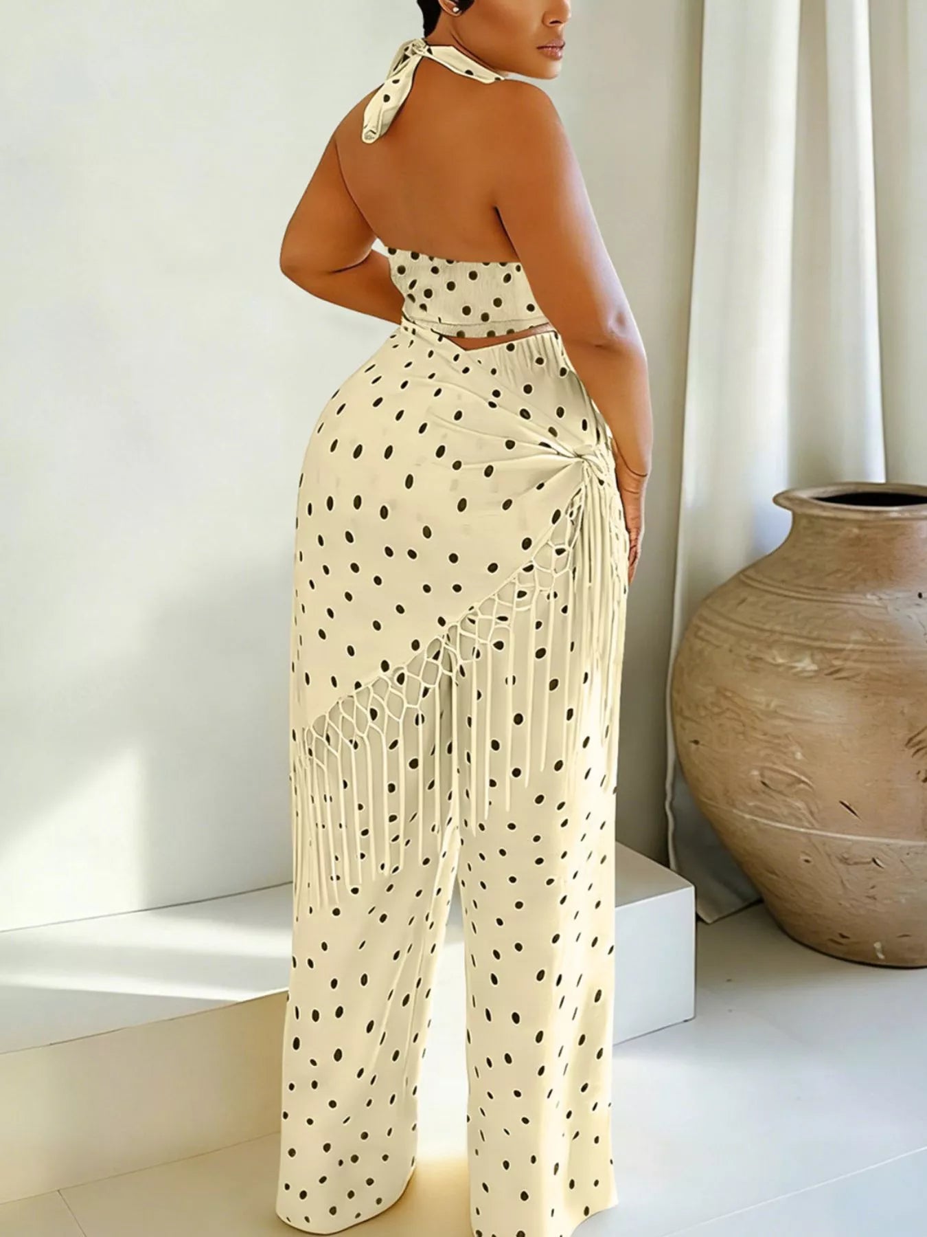Polka dot halter neck cami and fringe trim pants set with rings, stylish trendy outfit from Trendsi, casual and chic ensemble.