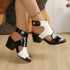 Color-block chunky heel sandals by Shopimist featuring stylish design and vibrant color panels, perfect for casual or dressy occasions.