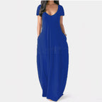 Summer NewWomen's Plus Size Solid Color Dress Sexy Deep V Neck Short Sleeve Long Dress