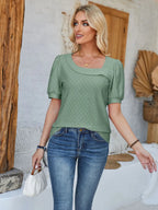Plush Fashion Hub eyelet asymmetrical neck short sleeve T-shirt, stylish tops with unique neckline detail and comfortable fit.