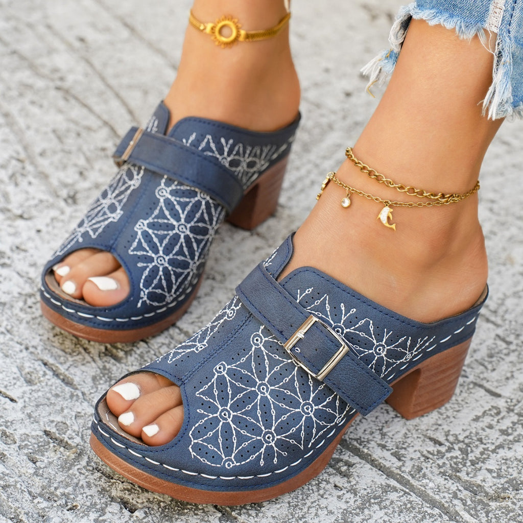 Women's chic buckle detail block heel sandals by Trendsi, made of premium faux leather, with stylish design and comfortable heel.
