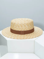 Plush Fashion Hub classic wheat straw boater hat with decorative ribbon, perfect for elegant summer outdoor wear.
