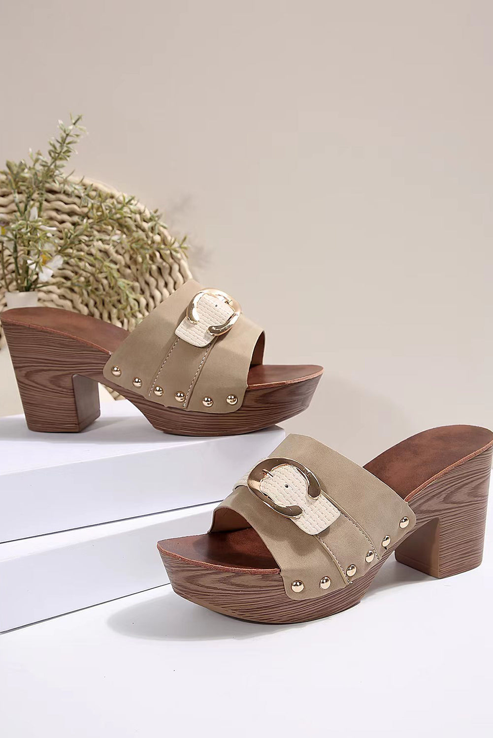Threaded Pear Erin studded chunky heel slippers featuring plush material and stylish design for comfortable indoor wear.