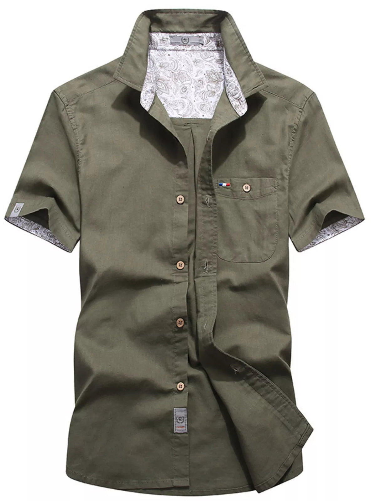 Men's full-size casual short-sleeve button-up shirt by Plush Fashion Hub, shown in a relaxed fit with a classic collar and button closure.