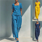 Plus size women's casualwear set with loose short-sleeve top and high-waist pants by FitiqueFit, styled for comfort and everyday wear.