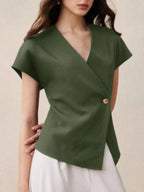 Wrap-front one-button shirt from Trendsi featuring a stylish design, perfect for casual or office wear, shown in the image.