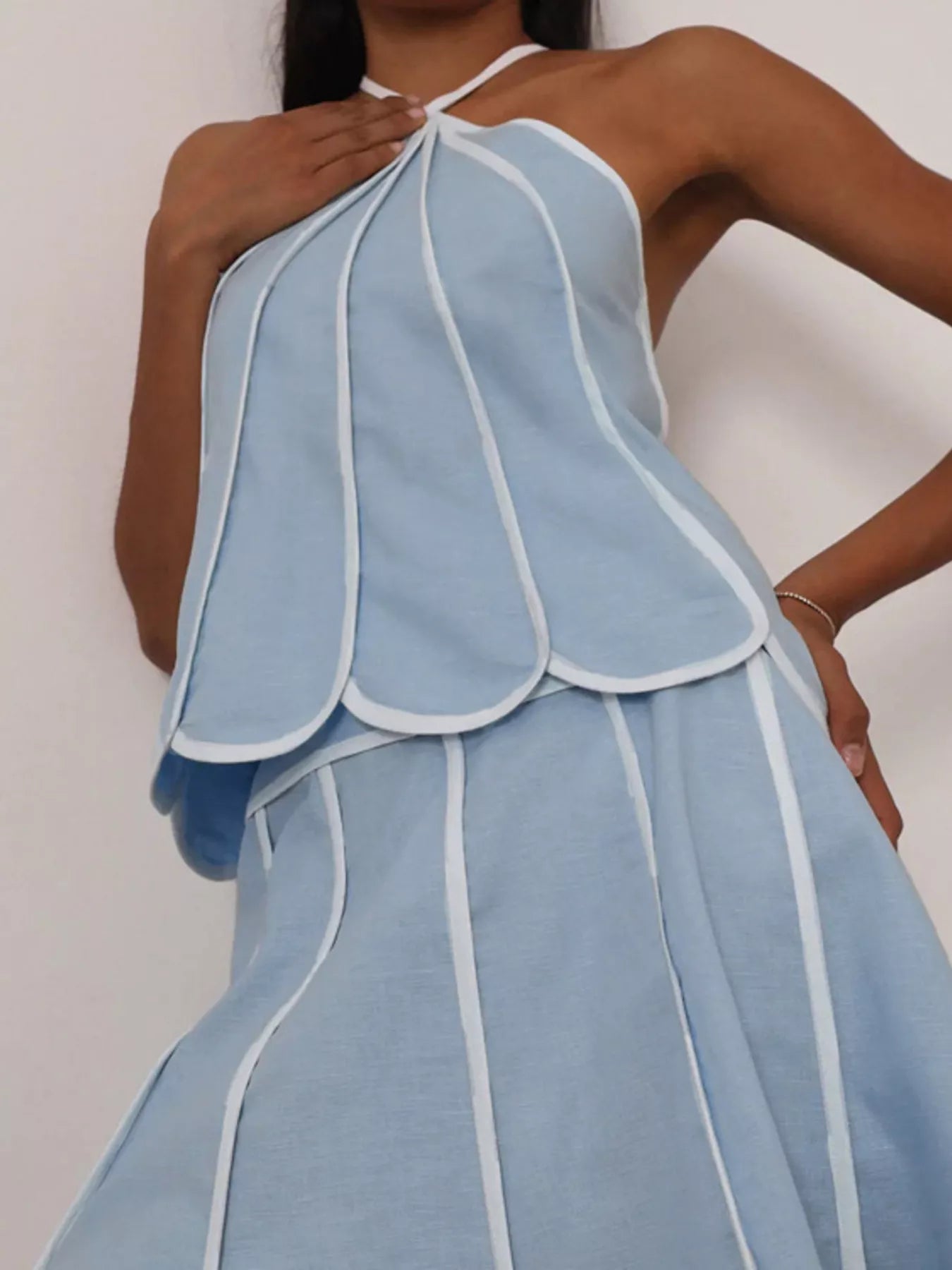 Contrast trim halter neck top and skirt set by Shopimist, featuring a stylish matching look with bold design elements.