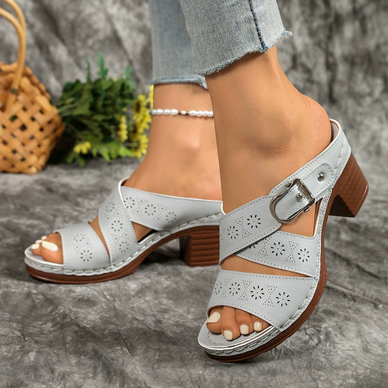 Women's open toe mid block heel sandals by Trendsi, stylish and comfortable dressy casual shoes with a modern design.