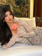 Lace shawl and mermaid maxi dress set with long sleeves by FitiqueFit, featuring intricate lace details and elegant silhouette.