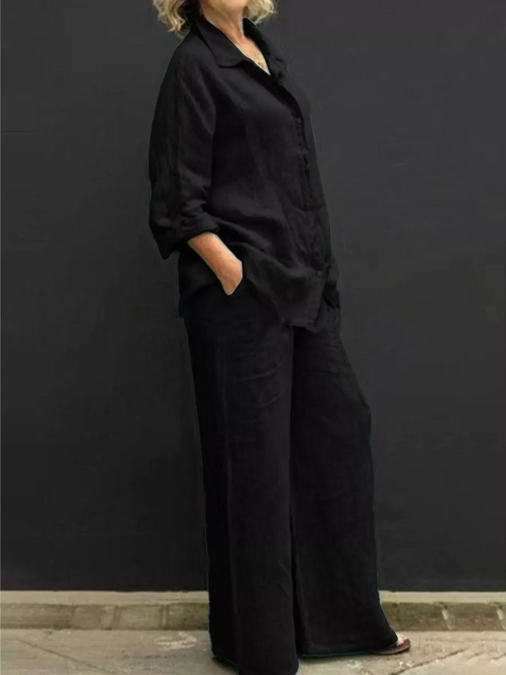 Plus size long sleeve shirt and pants set by Shopimist, featuring a comfortable full-length matching outfit.