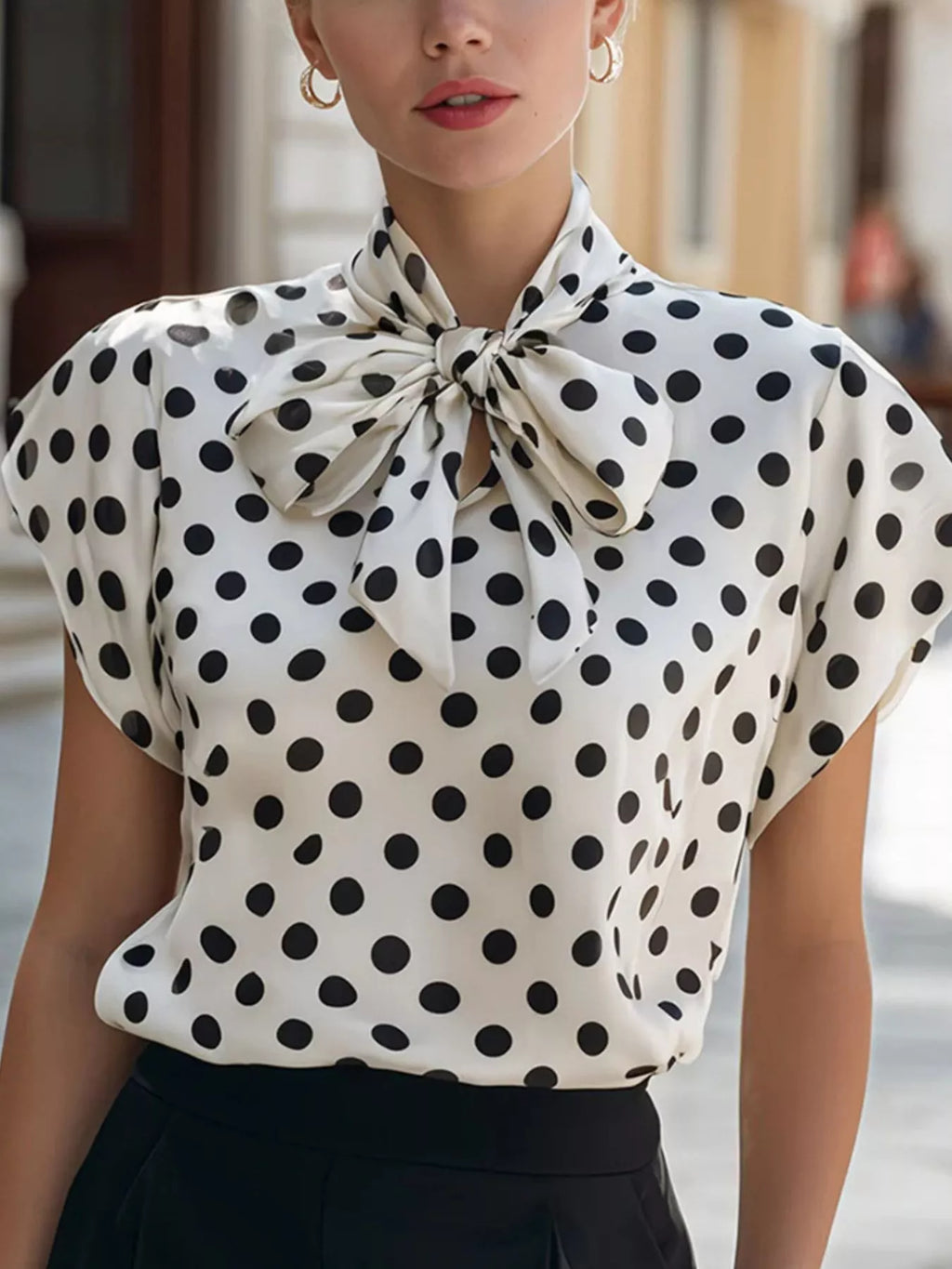Polka dot tie neck blouse by Shopimist featuring a stylish pattern and elegant design, perfect for casual or office wear.