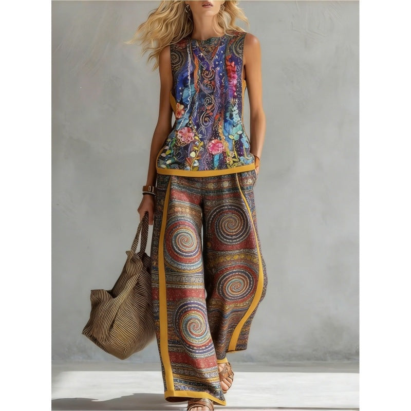Printed retro sleeveless top and wide-leg pants set by FitiqueFit, featuring vibrant 12-print designs in various sizes.