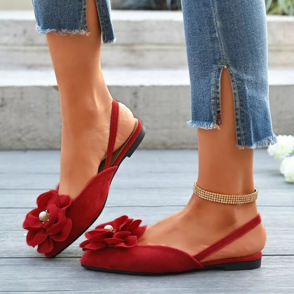 Plush Fashion Hub flower point toe flats sandals with a cushioned insole and stylish floral design on soft fabric.