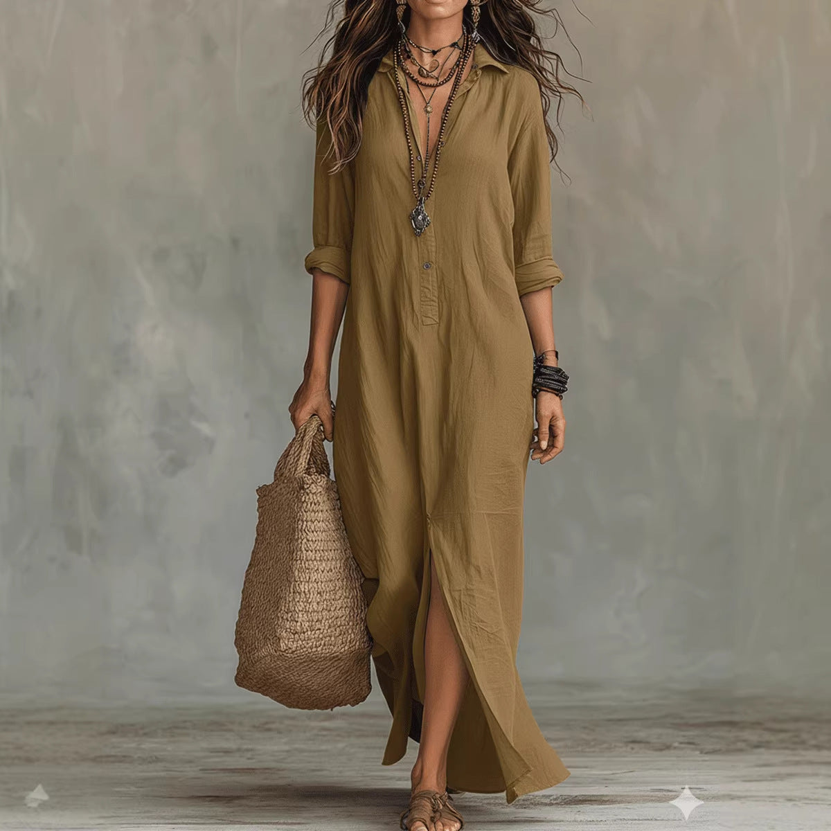 Eprolo long casual shirt dress with notch lapel, front slit, solid color, suitable for spring and summer wear.