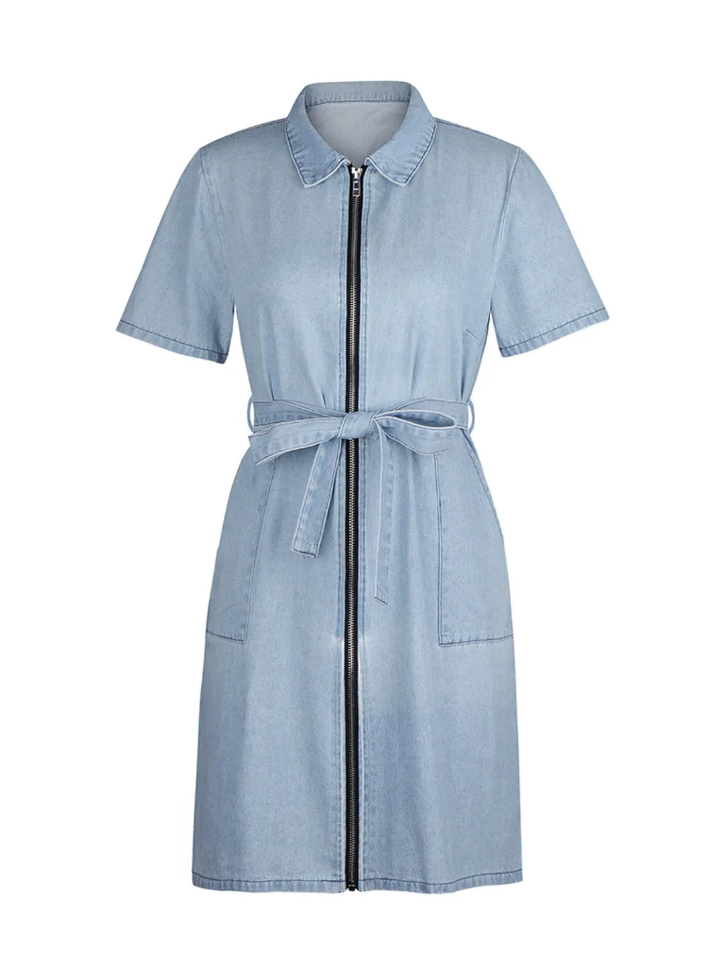 Plus size VYSN denim dress with short sleeves and full zip front, casual and stylish for everyday wear.