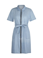 Plus size VYSN denim dress with short sleeves and full zip front, casual and stylish for everyday wear.