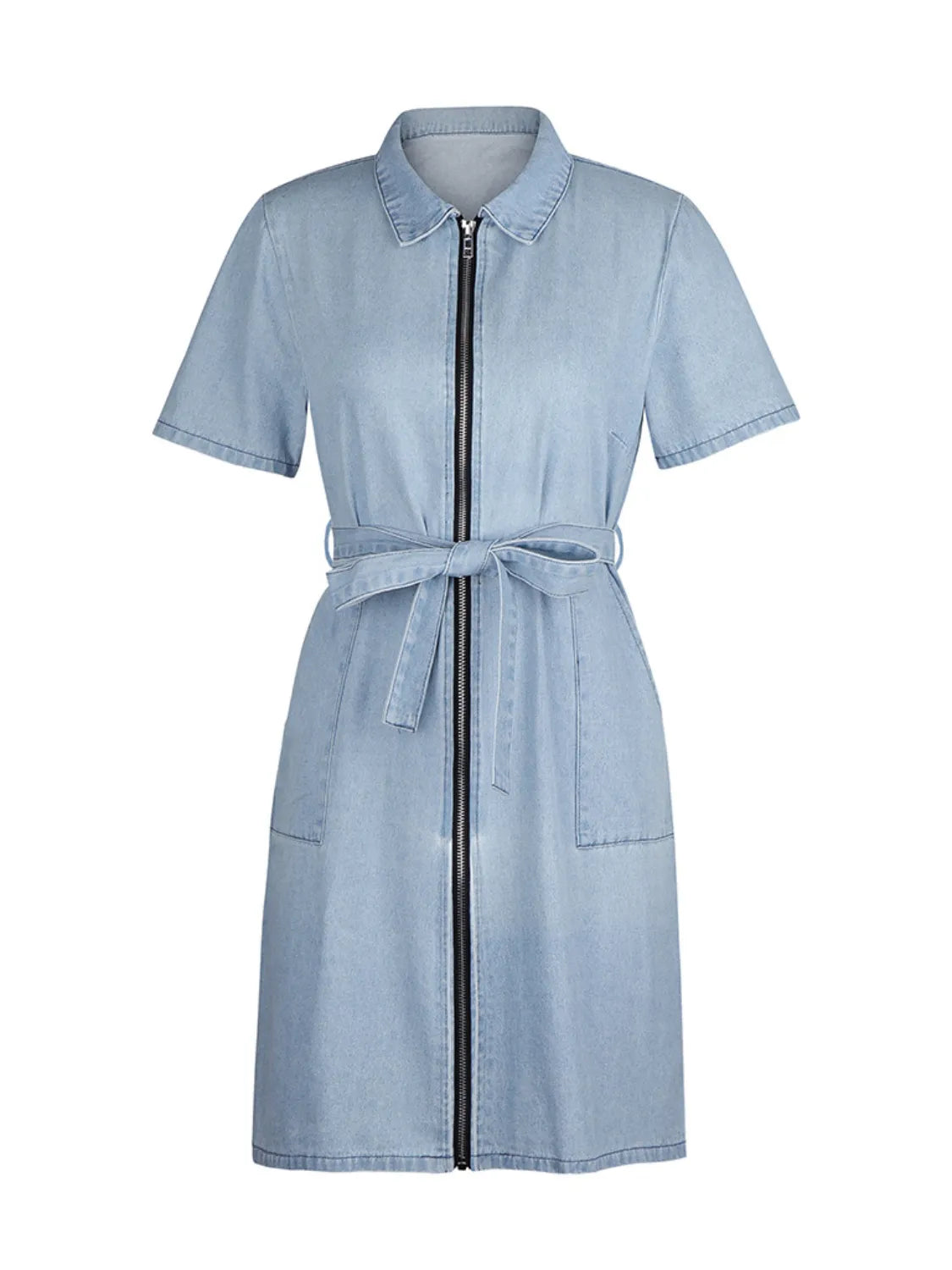 Plus size VYSN denim dress with short sleeves and full zip front, casual and stylish for everyday wear.