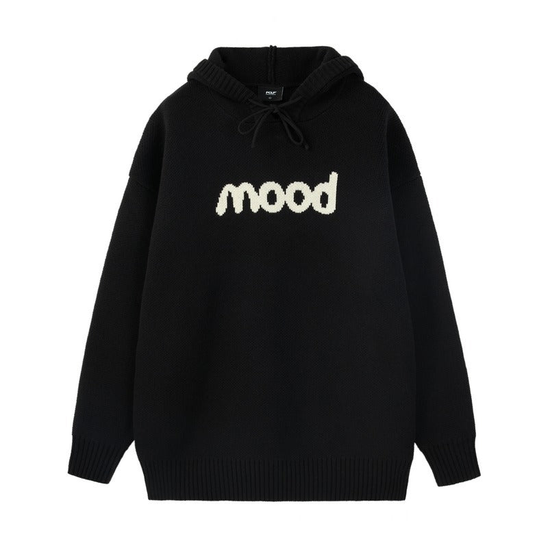 Black knitted hoodie with ribbed cuffs and hem, drawstring hood, and the word mood in white across the chest.