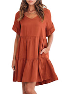 Lightweight rayon ruffled sleeve tiered mini dress with pockets by Trendsi, showcasing a flowy silhouette and stylish design.
