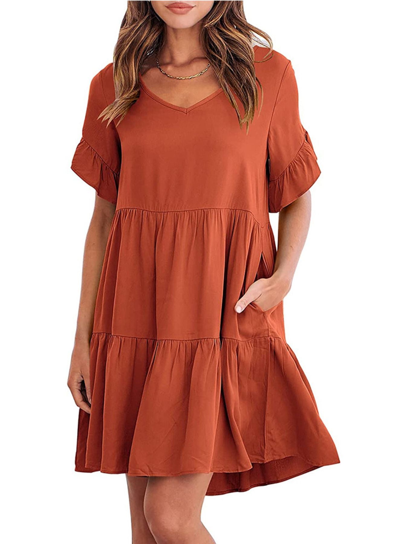 Lightweight rayon ruffled sleeve tiered mini dress with pockets by Trendsi, showcasing a flowy silhouette and stylish design.