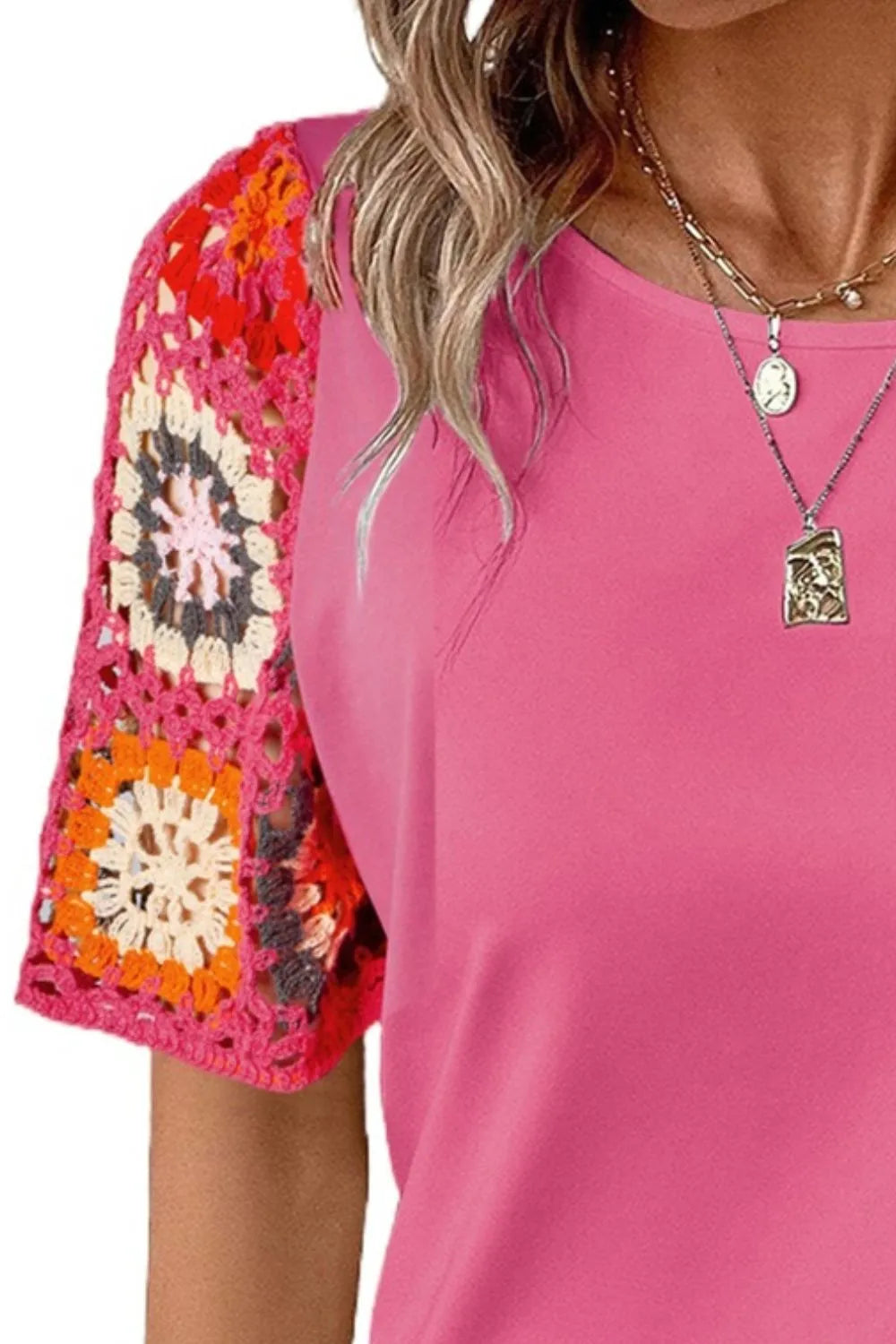 Geometric print round neck short sleeve blouse from Plush Fashion Hub, stylish tops with modern design, shown on a model.