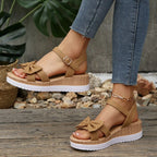 Shopimist open toe wedge sandals with cork heels and tan straps, perfect for summer casual wear.