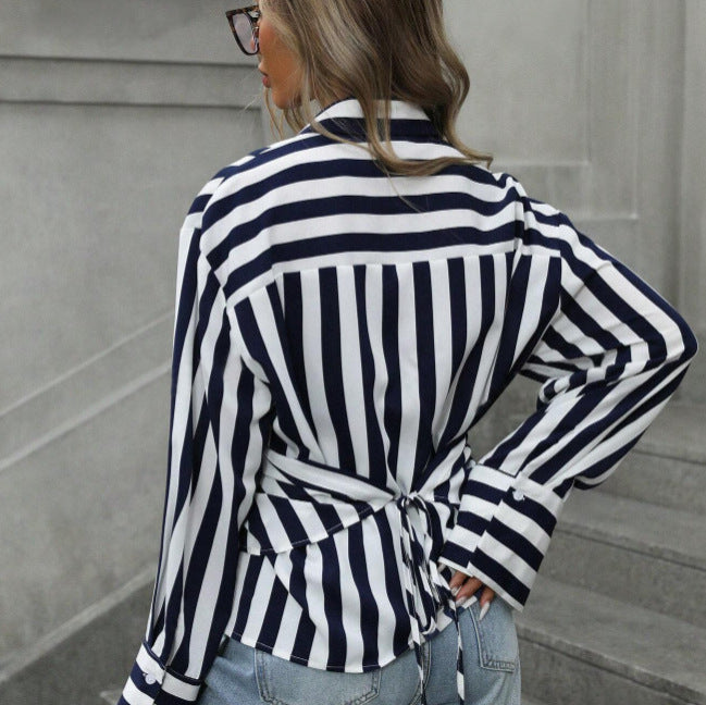 Women's striped long-sleeve loose-fit shirt by FitiqueFit, featuring a casual style and comfortable fit in various sizes.