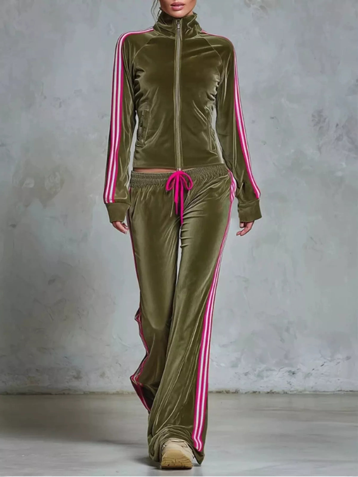 Striped zip-up outerwear and matching pants set by Trendsi, featuring a stylish coordinated look with bold stripe patterns.