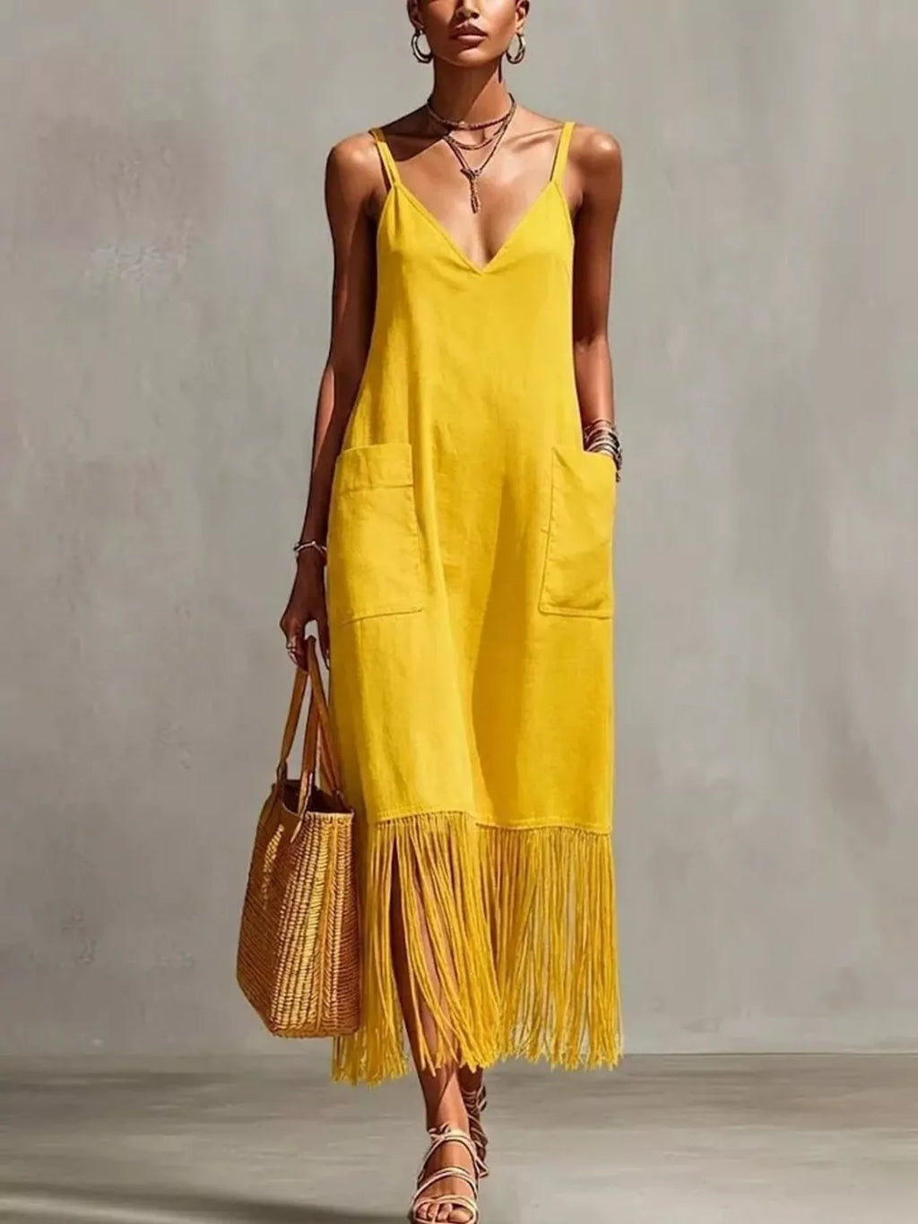 Plus size Shopimist full size fringe v-neck spaghetti strap dress with flowing fabric and stylish fringe detail.