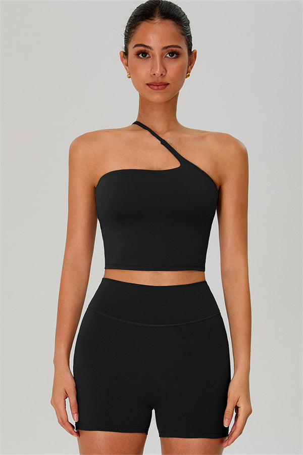Fitglutes Activewear one-shoulder crop top and matching shorts 2-piece set for workout and gym wear, lightweight and stylish.