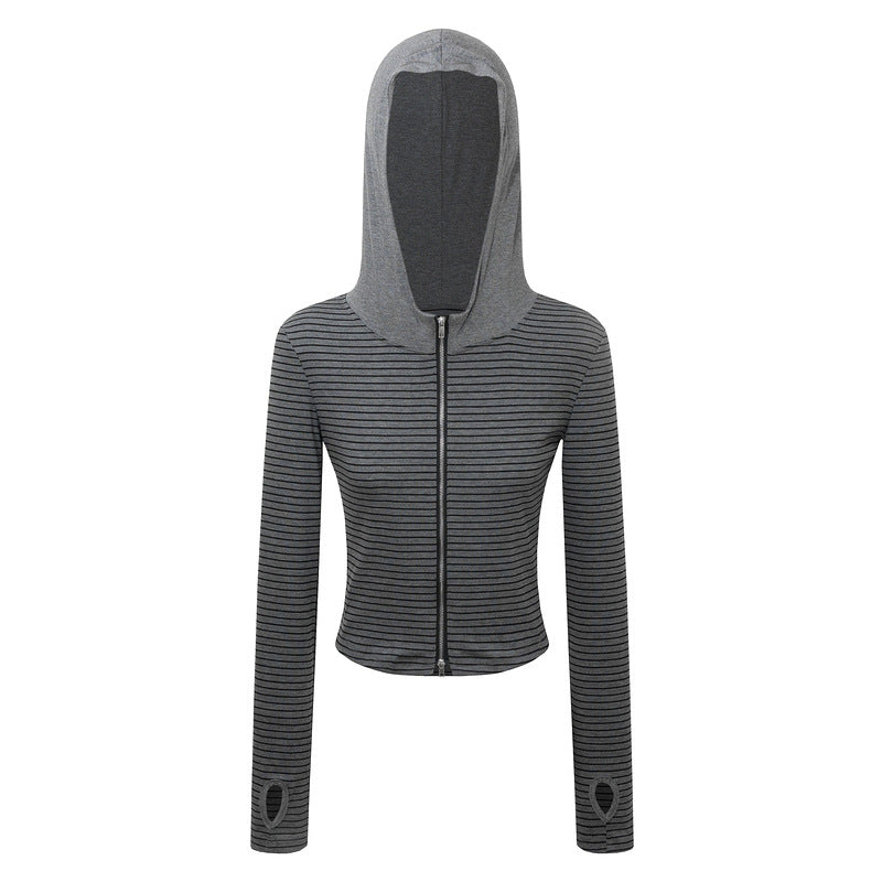 Gray striped zip-up hoodie with thumbholes, long sleeves, and fitted style in knit fabric.