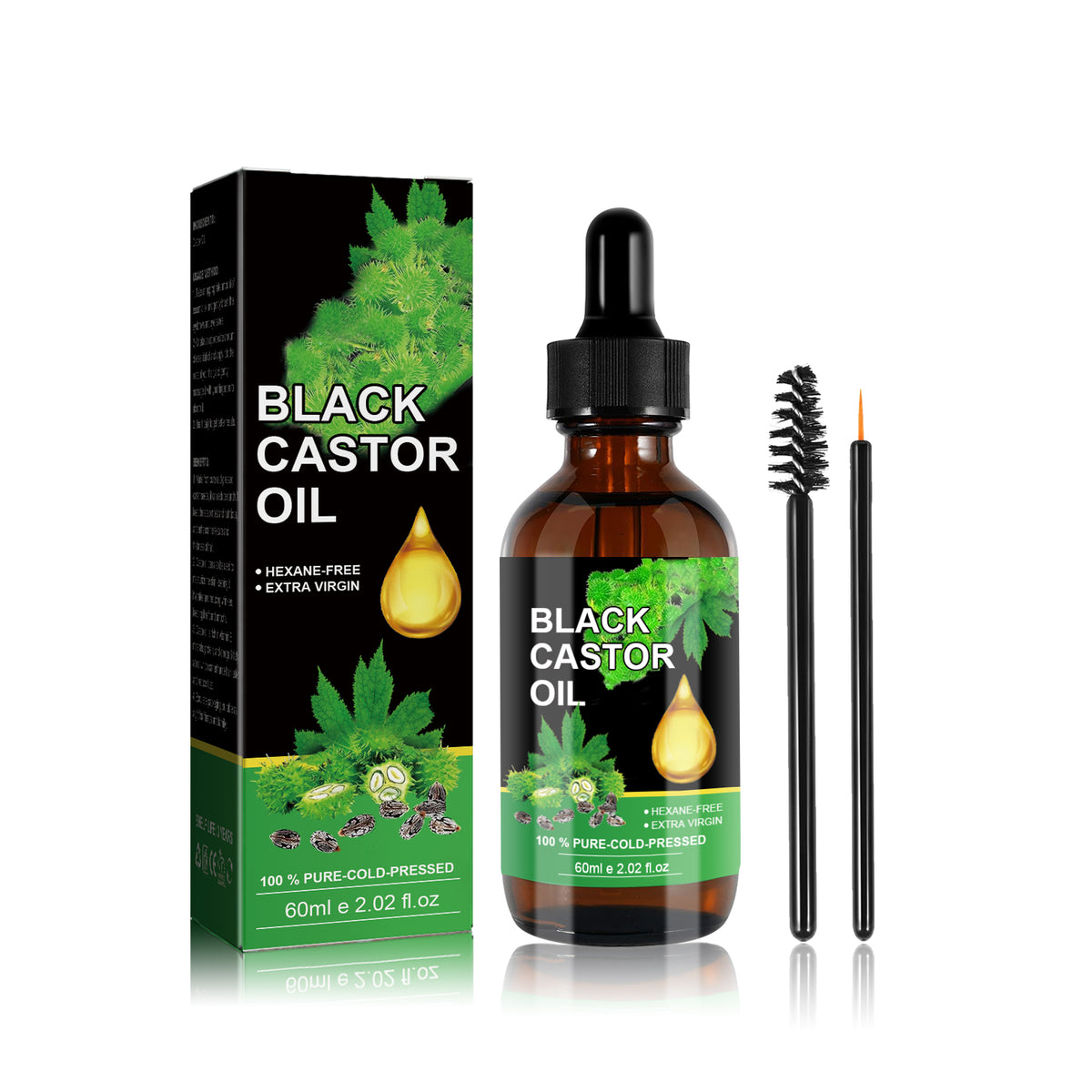 Black castor oil in amber glass bottle with dropper, box, mascara brush, and eyeliner brush on white background.