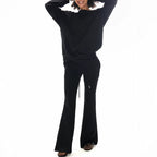 Shoulder Cut-Out Crop Top with Long Sleeve Matched with Flared Leg Wide-Leg Sweatpants
