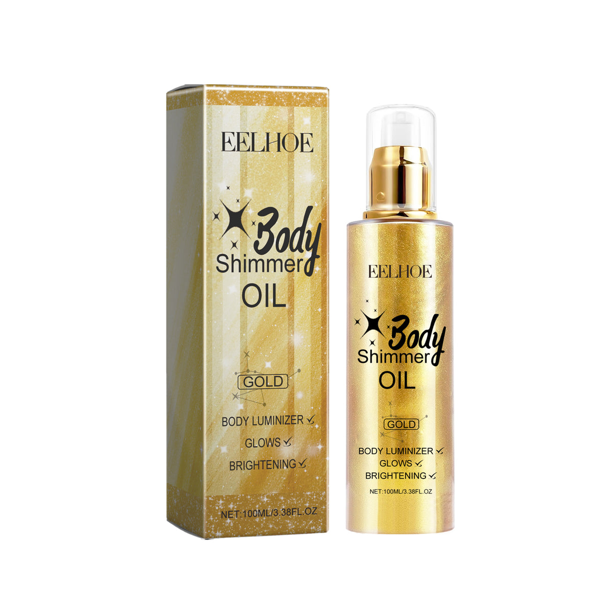 Eelhoe gold shimmer body oil in a pump bottle with matching packaging, featuring black text and star graphics.