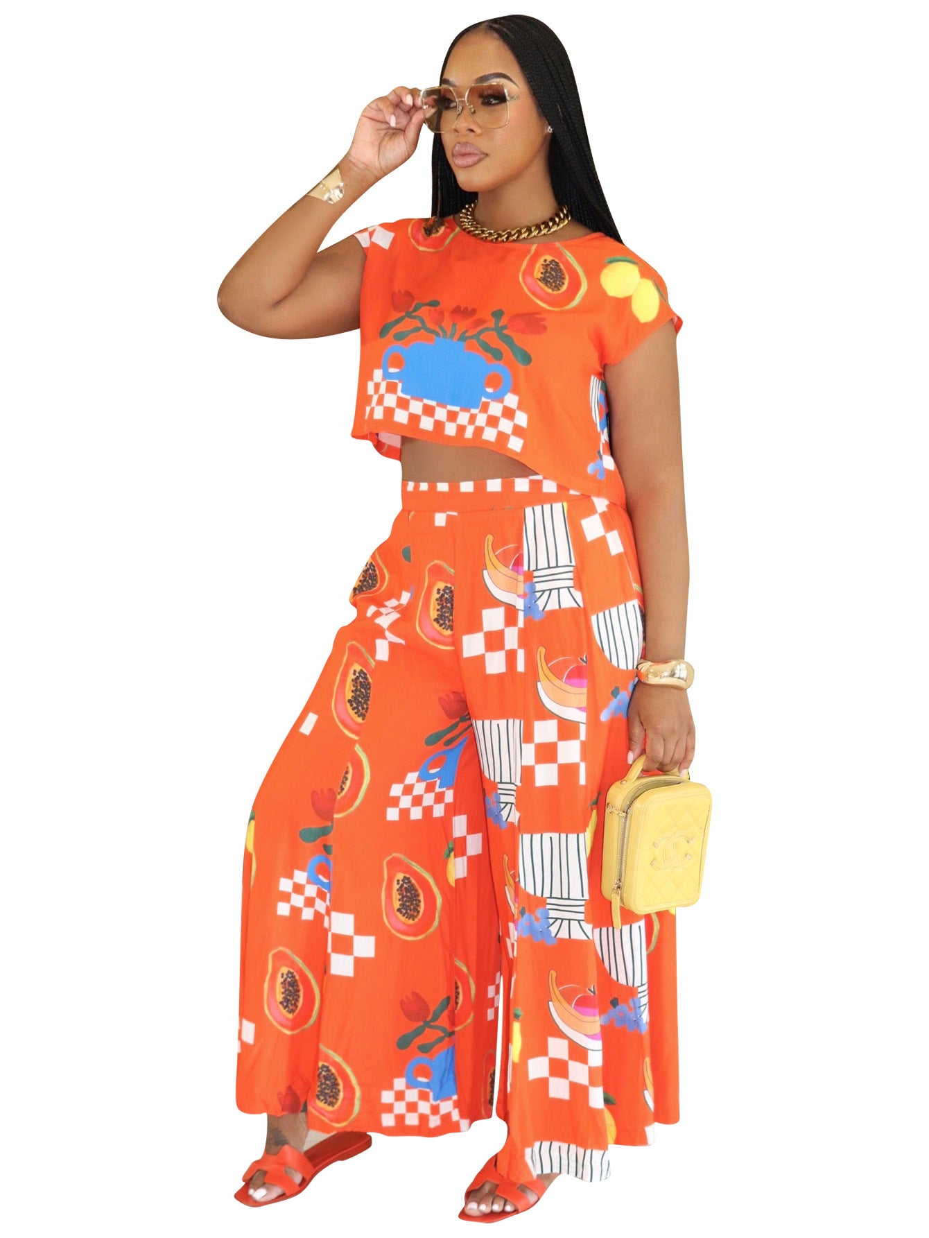 Printed Two-Piece Top and Straight Leg Pant Set