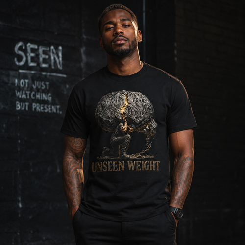 Wear Your Worship Unseen Weight graphic T-shirt from the SEEN: Unmasked Collection, featuring bold design on a comfortable black tee.