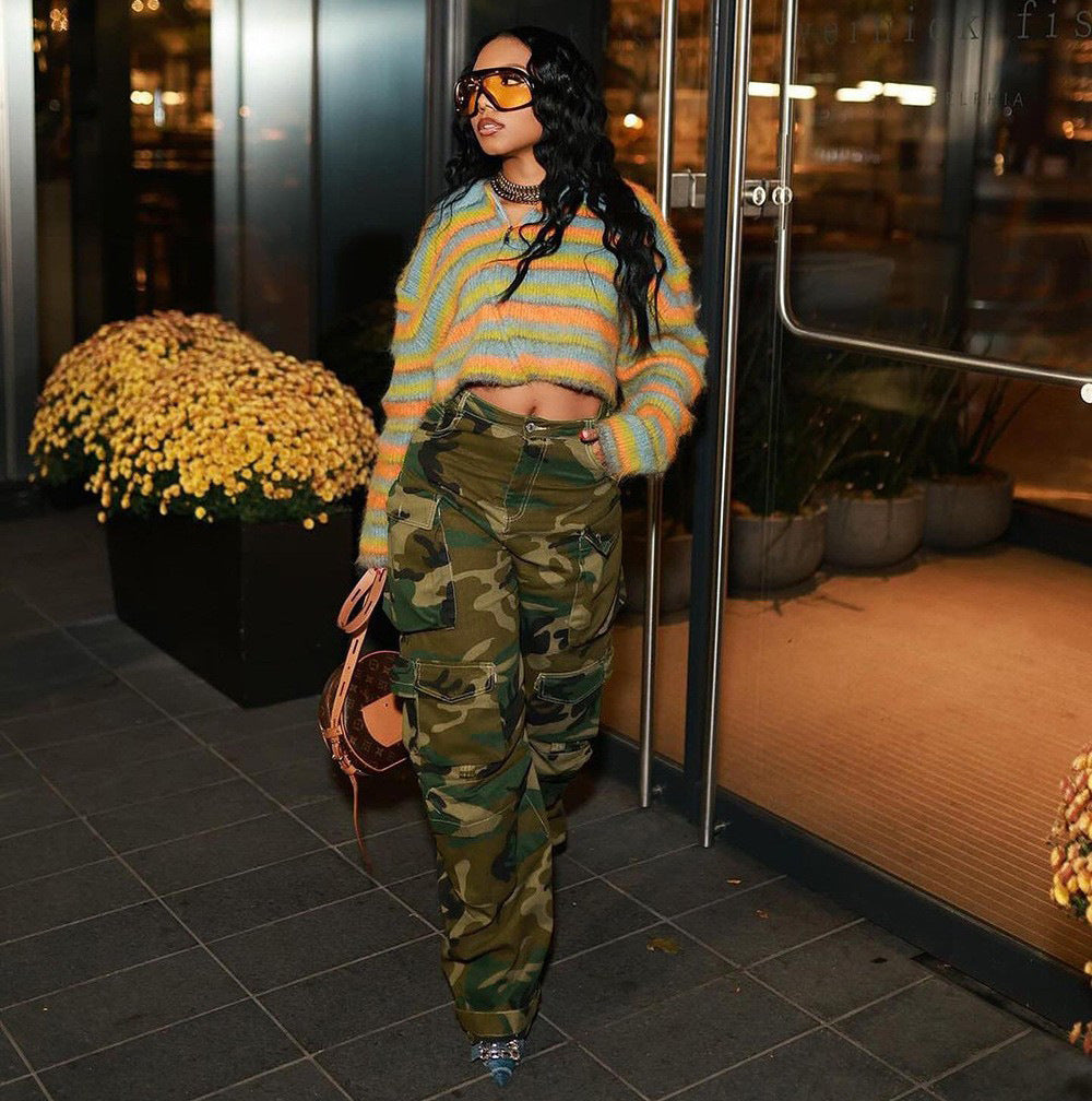 Women's winter camouflage cargo jeans by Plush Fashion Hub, featuring rugged style and multiple pockets in a cozy winter look.