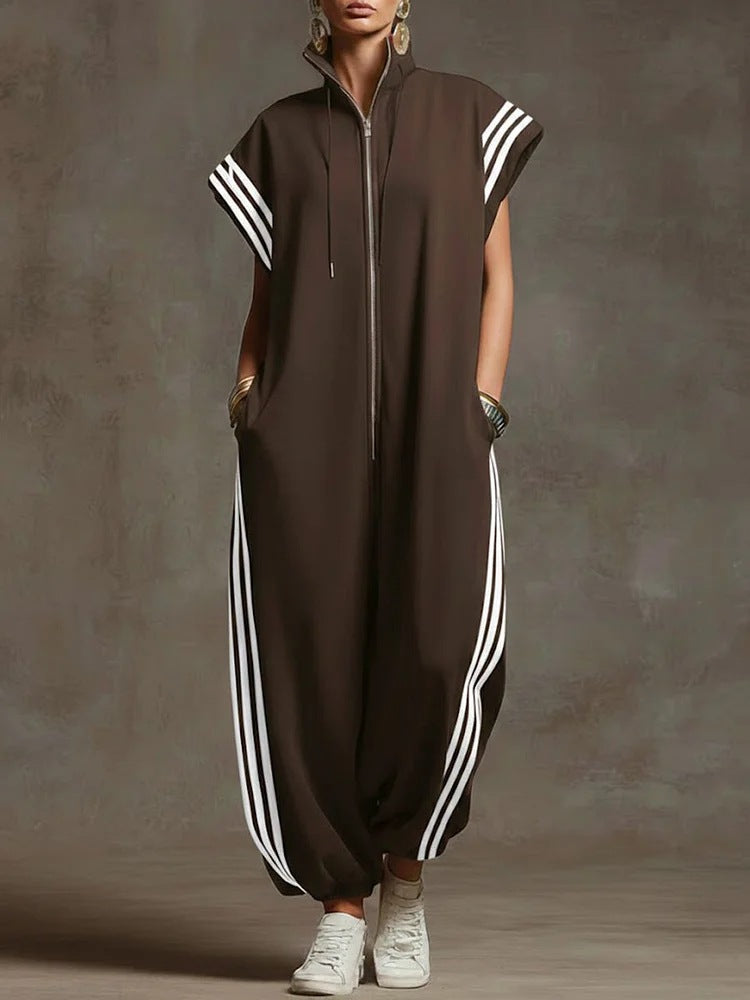 Fashionable Stripe Zipper Stand Collar Jumpsuit for Spring and Summer