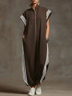 Fashionable Stripe Zipper Stand Collar Jumpsuit for Spring and Summer