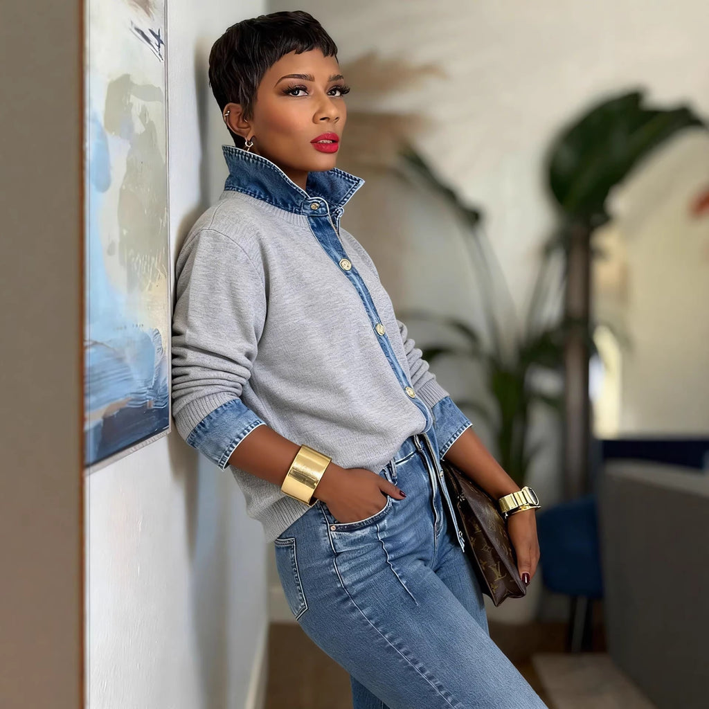 Fashion Patchwork Faux Two-Piece Denim Shirt Collar Metal Button Sweater