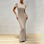 Elegant solid color slim fit women’s round neck dress from Trendy Attic Store01, shown in a sleek and stylish silhouette.