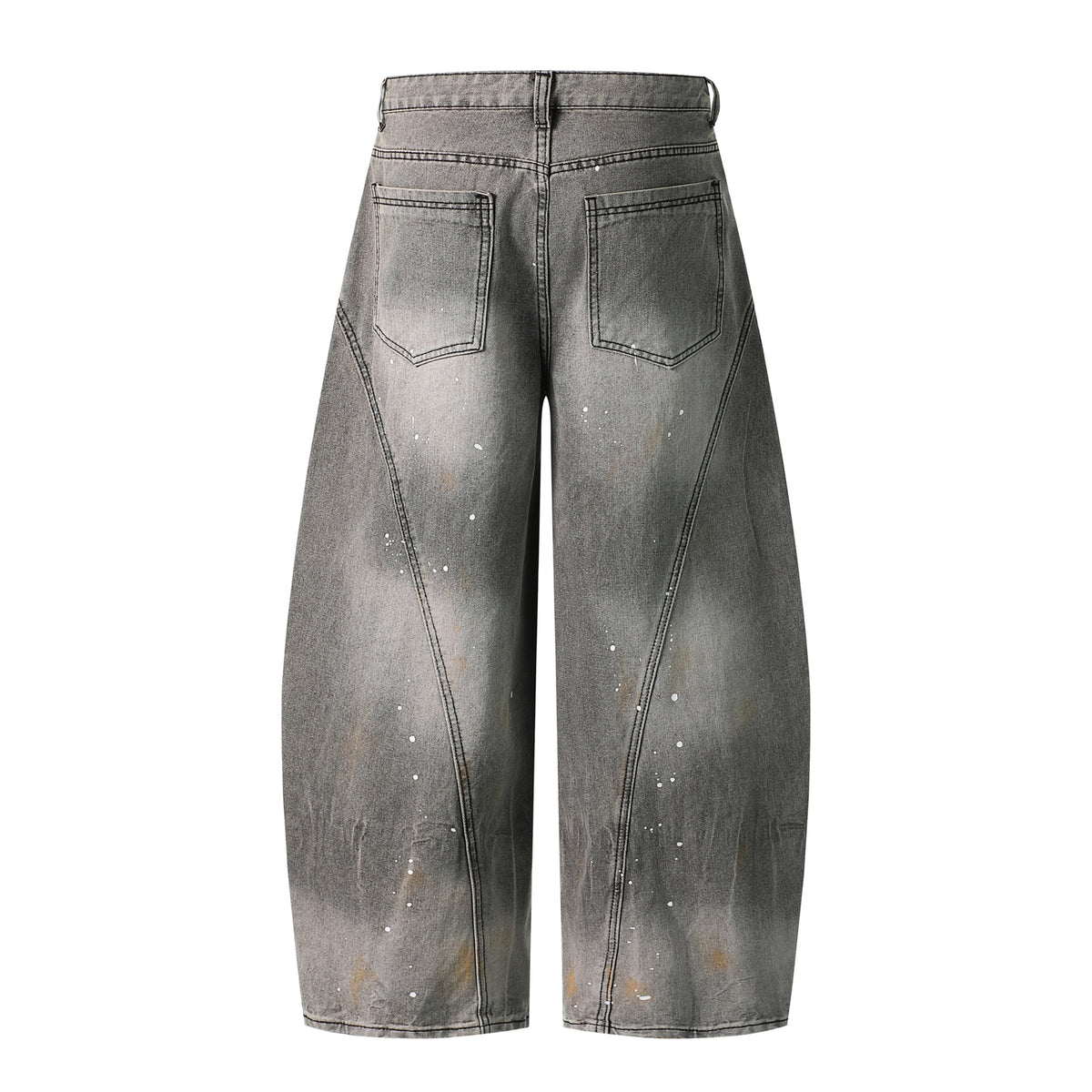 Eprolo heavy wash gradient splatter denim pants with loose wide-leg fit, patchwork design, and versatile long style.