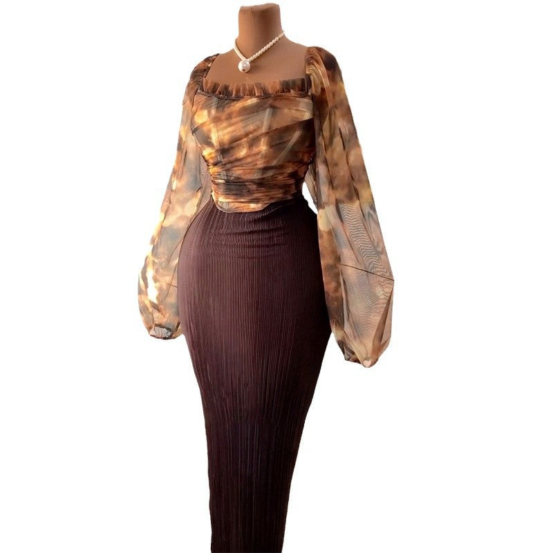 Square Collar Lantern Sleeve Top & High-Waisted Skirt Set